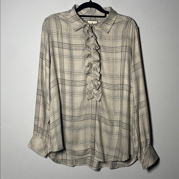 Tuckernuck Ruffle Blouse NWT Women’s XXL Tan Plaid Long Sleeve Collared Shirt - Picture 3 of 15